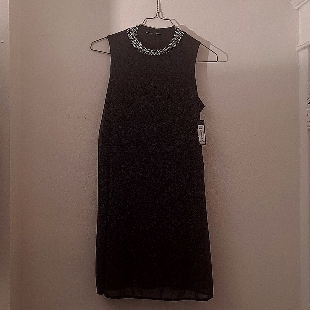 Elegant Black Chiffon Slip Dress w/Silver Beaded Neck - NWT